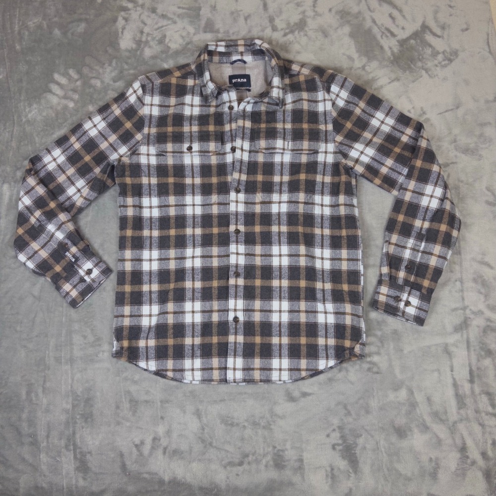 Prana Flannel Shirt Mens S Brown Grey Plaid Organic Cotton Long Sleeve Button